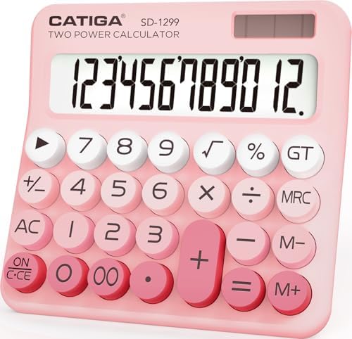 CATIGA Mechanical Switch Calculator with Solar and Battery Dual Power, 12-Digit Large LCD Display, Aesthetic and Cute Desktop Calculator with Big Button, for Home, School and Office Use, SD-1299 by CATIGA