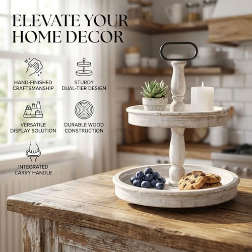 Krismax Decorative Trays - Two Tiered Tray Stand Rustic Tiered Tray Decor 2 Tiered Tray Serving Tray Seasonal & Holiday Decoration Wooden Tray for Coffee Table Farmhouse Display Stand Tray - Image 5