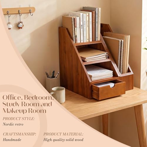 Vintage Wooden Desk Organizer Set of 2 - Wood Desktop File Holder & Shelf with Drawer - Rustic Office Storage for Books, Folders, Mail & Supplies - Matching Organizer for Home Office Desk - Image 6