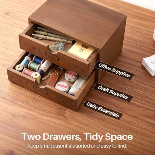 Flexzion Wooden Storage Box with 2 Drawers, Vintage Desktop Organizer - Image 2