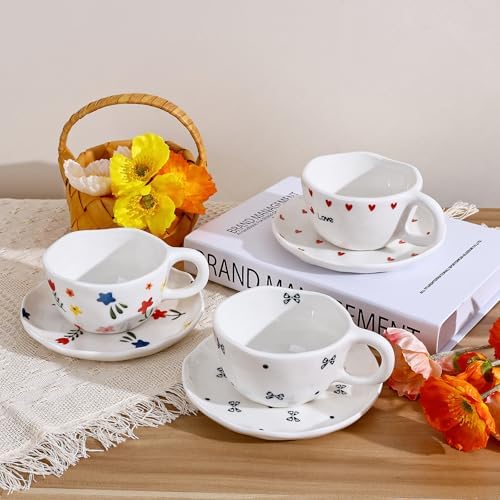 Koythin 8.5oz Handmade Ceramic Mug With Saucer, Black Small Bow Latte Cup - Image 4