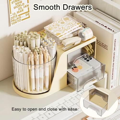 SAYEEC Rotating Desk Organizer with 2 Drawer, 6 Slots Multi-Functional Pencil Pen Holder, Desktop Makeup Organizer Stationery Accessories Storage Box Caddy for Office School Home Art Supplies (Beige) - Image 5