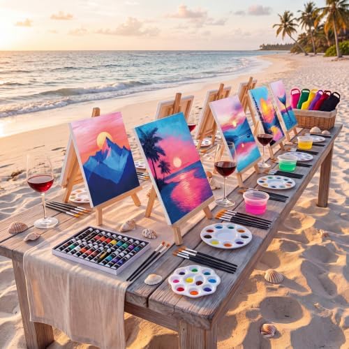 Cholemy 6 Set Paint and Sip Kit for Adults 8"x 10" Pre Drawn Canvas Painting with Wooden Easel Acrylic Paint Wash Cup Brushes Palette Apron for Painting DIY Adult's Date Party Supplies(Sunset Glow) - Image 5