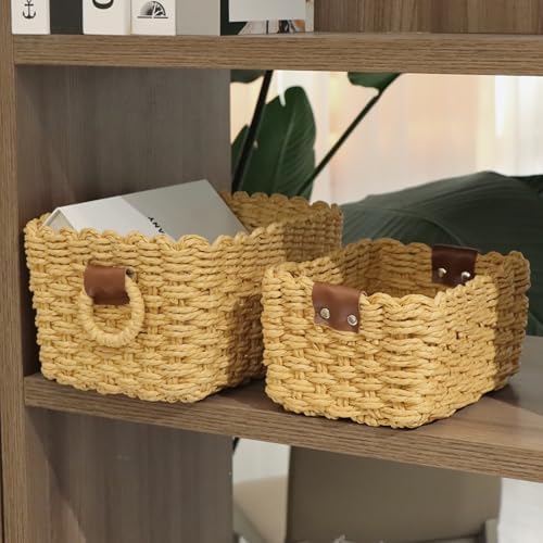 QINGTUHONE Woven Paper Rope Wicker Basket for Organizing(Set of 3,Desert) - Image 3