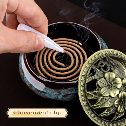 2 Pack Ceramic Incense Burner Holder Set – 9 Hole Incense Stick Holder with Coil Incense Holder & Burner Tray – Multi-Function Censer for Cones, Coil Incense, and Stick Incense (Fambe Blue+Fambe Red) - Image 7