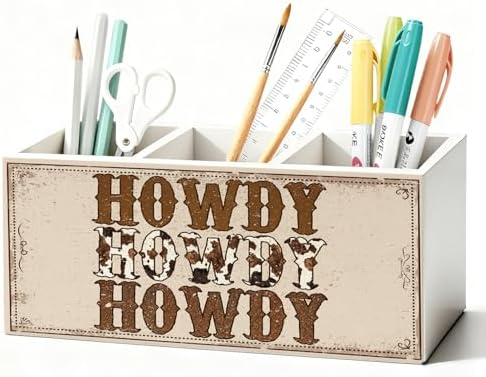 Western Pen Pencil Holder for Desk, Cowboy Gifts, Cowgirl Gifts for Women, Western Office Decor, Retro Country Howdy Southwestern Wooden Box Sign Decorations for Home Office Desk Tabletop by Unknown