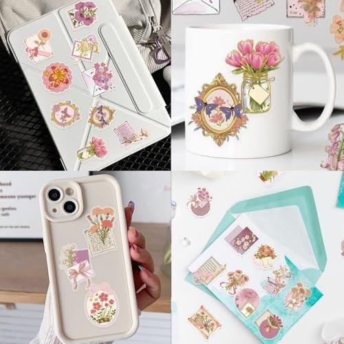 50Pcs Vintage Stickers,Waterproof Transparent PET Aesthetic Decorative Sticker Scrapbooking Supplies for Adult Card Making Letters Planner Journaling Junk Journal DIY Water Bottles Art Craft.Flowers - Image 3