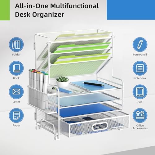 MINDEPOT 4-Tier Paper Organizer + 3-Pocket File Holder + Drawer + Pen Holders, Desktop File Organizers Paper Tray for Office Supplies School Classroom Organization (White, with Drawer & Pen Holder) - Image 2