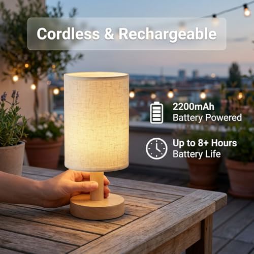 Small Cordless Rechargeable Table Lamp, Touch Control Dimmable 2700K Warm Light, Natural Wood Base Linen Shade for Bedroom Dorm Nightstand - Image 3
