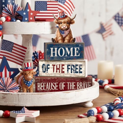 Moucuny 4 Pcs 4th of July Wooden Signs Patriotic Tiered Tray Decor - Image 6