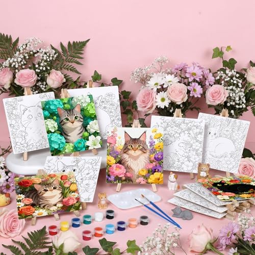 Supervitae 72 Piece Floral Cats Square Pre Drawn Canvas Kit 5.9" Paint and Sip Kit for Adults Painting Party Pre Printed Canvas DIY with Pictures Paints Easels Brushes for Party Gifts - Image 5