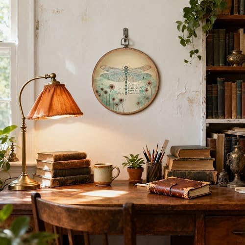 OFJE Inspirational Memorial Dragonfly Wall Art Decor, Those We Love Don't Go Away Round Wall Hanging Decor, Rustic Dandelion Dragonfly Framed Canvas Prints for Home Garden Decorations, 10x10 Inch - Image 3