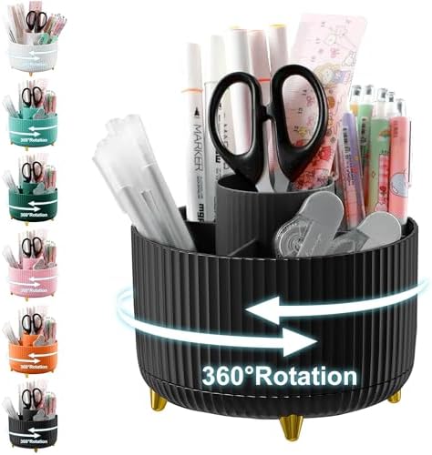 Cayxenful Pencil Holder For Desk,5 Slots 360°Degree Rotating Desk Organizers And Accessories,Desktop Storage Stationery Supplies Organizer, Cute Pencil Cup Pot For Office, School, Home (H-Black) by Cayxenful