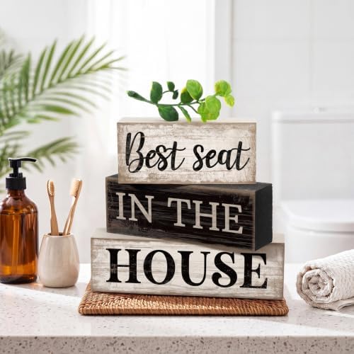 Moucuny 4 Pcs Bathroom Shelf Decor Sign Best Seat In The House Wooden Block - Image 2