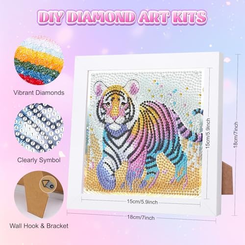 GHHKUD Tiger Diamond Art Painting Kits for Adults with Frame, Diamond Art Animals Crafts for Ages 4-6-8-12, Easy to DIY Gem Painting Gifts Home Wall Deco 15x15cm (Beautiful Packages) - Image 2
