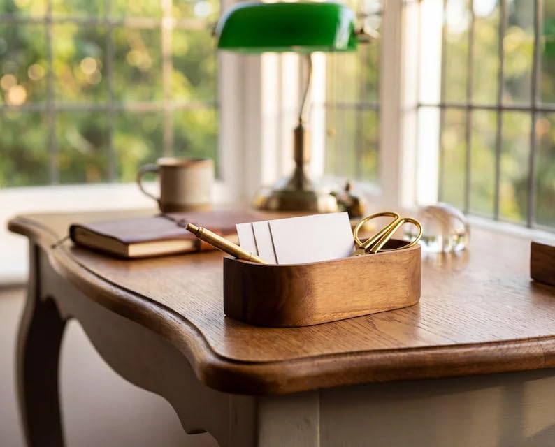 Natural Walnut Wood Desk Caddy, Minimalist Open Storage Organizer Tray for Business Cards Pens Small Office Desktop Accessories, Mid-Century Tabletop Wooden Catchall Holder for Home Office Workspace - Image 6