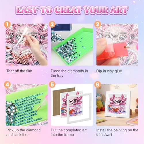 GHHKUD Cute Axolotl Diamond Art Painting Kits for Adults with Frame, Diamond Art Salamander Crafts for Ages 4-6-8-12, Easy to DIY Gem Painting Gifts Home Wall Decor 15x15cm - Image 6