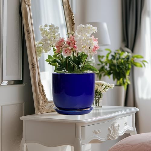 8 Inch Ceramic Plant Pot - Decorative Round Planter for Indoor Plants with Drainage Hole and Saucer, Home House Room Office Garden Decor, Blue - Image 5