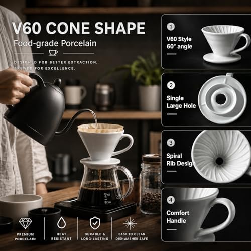 Ceramic Pour Over Coffee Dripper - Handmade Pour Over Coffee Maker, Porcelain Coffee Drip Cone, Pour Over Single Cup, Manual Brew Maker for Home, Cafe, Office - 1-4Cups, V60 Size 02 (Off White) - Image 2