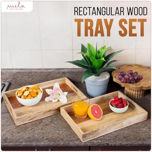 Mela Artisans Mango Wood Serving Tray Set - Natural Finish, 15" and 13" - Image 5