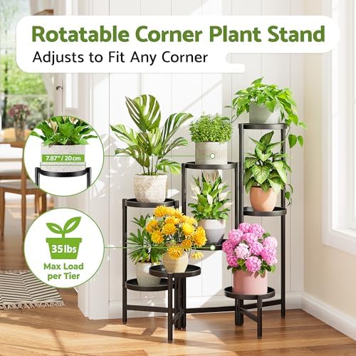 8 Tiered Plant Stand Indoor for Multiple Large Planter, Tall Heavy Duty Adjustable Folding Rack with Rustproof 7.9 Inch Wide Tray, Plant Shelf for Corner Living Room - BlackDisk - Image 2