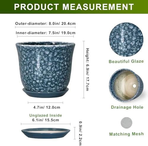 8 Inch Plant Pot - Ceramic Planter for Indoor Outdoor, Round Planter with Drainage Hole and Saucer, Modern Planters, Decorative Flower Pot, Garden Room Office Home Decor, Garden Gifts, Blue - Image 2