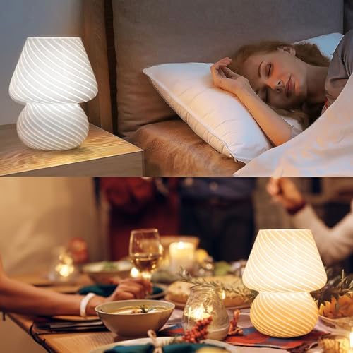 ULAROOM USB Plug-in Mushroom Lamp Small Bedside Table Lamp with 3 Temperature LED Bulb,Free Dimming Nights Light for Bedroom/Living Room/Entryway/Corner Decor (Stripe White) - Image 6