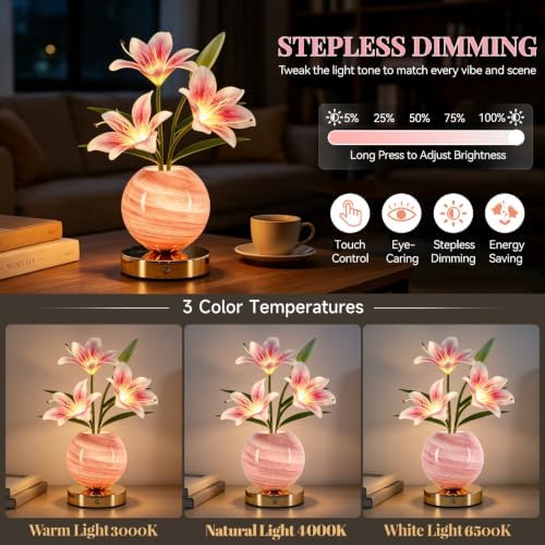 Pink Tiger Lily Flower Lamp, Rechargeable Cordless LED Floral Table Lamp - Image 2