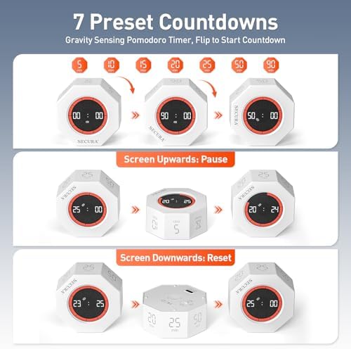 Secura Pomodoro Timer with 5/10/15/20/25/50/90 Min Presets, 3 Level Volume - Image 6