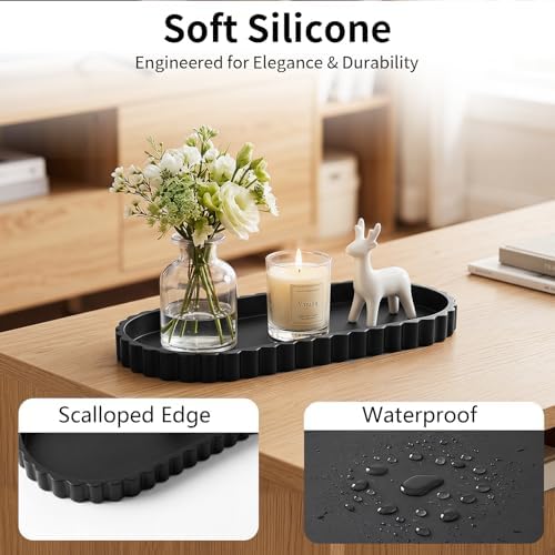 Silicone Bathroom Tray - 12''x5.3'' Oval Vanity Tray for Bathroom Countertop, Kitchen Countertop Tray with Scalloped Edge, Elegant Bathroom Holders and Organizers for Toilet Top, Bathtub Caddy, Black - Image 3