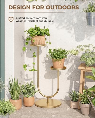 Bamworld Indoor Corner Plant Stands 2 Tier Plant Shelf Gold - Image 6