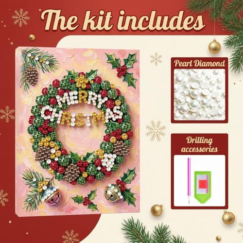 DIY Pearl Painting with Frame Christmas Creative Design, Handmade Healing Home Wall Decoration, 11.81X15.75in (Tools Included)-Wreath - Image 6