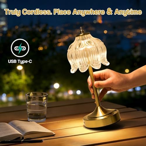 Cordless Table Lamp, Rechargeable Clear Glass Lotus Flower Lamp - Image 5