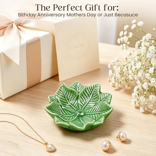 Green Leaf Jewelry Dish Ceramic Trinket Tray Birthday Gift for Women - Image 7
