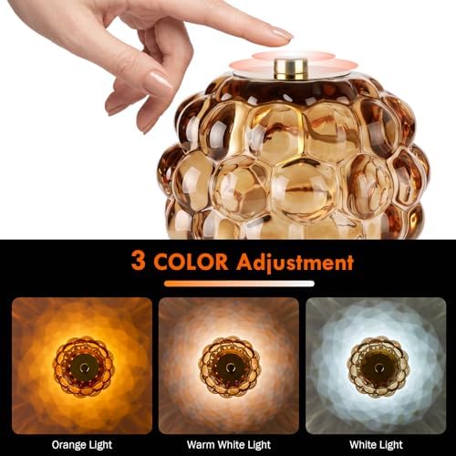 Cordless Table Lamp Rechargeable, Amber Glass Touch Lamp with 3 Color Modes & Stepless Dimming, Battery Operated Bedside Night Light, Housewarming Gifts for Women, Bedroom Decor - Image 2