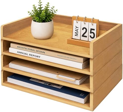 PROLEE 4 Pack Stackable Paper Tray, Wooden Paper Tray Organizer with Letter Tray, Paper Holder for Desk, Desktop File Storage Rack for Study, Home and Office (Oak) by Hamstercages