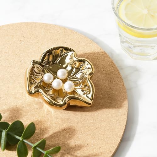 3.5' Golden Cute Leaves Ceramic Jewelry Tray for Dressing Table - Image 5