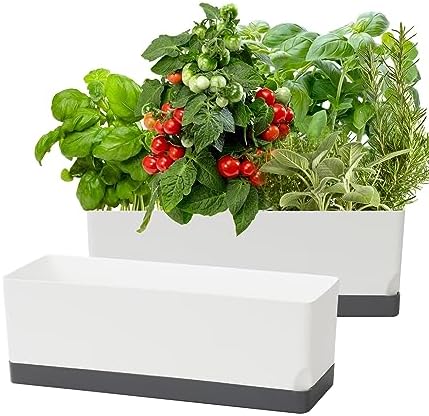 Self Watering Planters Pots for Indoor Plants, 2 Pack 17 Inch Plastic Planter Box Flower Pots for Indoor Outdoor Plants, Rectangle Herb Planter Window Boxes Planters with Drainage, Dark Gray Tray by Vugosson
