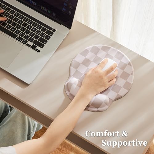 Ohocut Beige Khaki Checkered Mouse Pad with Gel Wrist Rest, Wrist Support, Ergonomic Desk Accessories for Women, Office Laptop Gaming Decor, Cute Aesthetic Check Design - Image 6