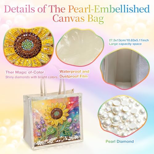 Xylzzuit DIY Pearl Painting Canvas Tote Bag Kit 11.42IN Diamond Art Handbag for Women Shopping Grocery Bag Dots Beads Art Craft Gift (Sunflower) - Image 6