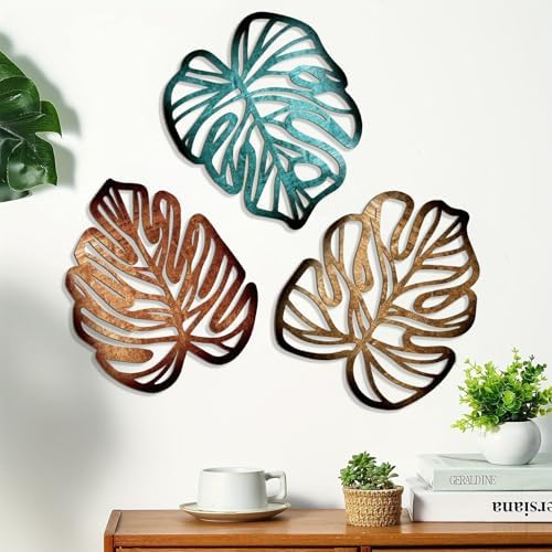 Palm Leaves Wood Wall Decor , 3Pcs Tropical Wall Art Jungle Decor, Wooden Natural Leaves Plant Wall Decor, Vintage Tropical Plant Plaque for Home Living Room Kitchen Bedroom Bathroom & Garden, Blue&Brown - Image 2