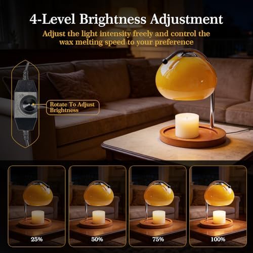 Topyond Aroma Wax Melting Lamp, Retro Wood Glass Candle Warmer，Yellow - Image 2