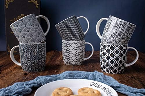 Set of 6 11.5 oz Coffee Mugs with Black and White Geometric Patterns, Ceramic Tea Cup Set - Image 2