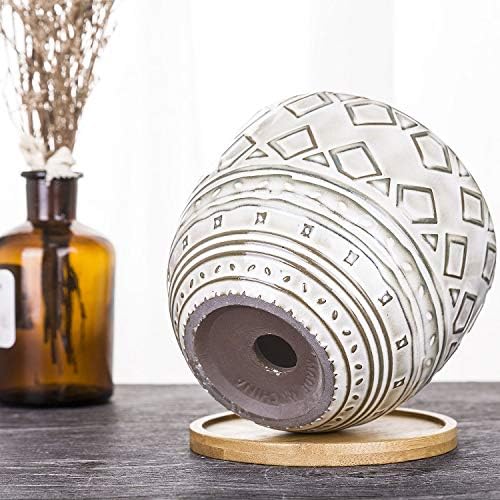 VanEnjoy 5.5 inch Large Round Bohemian Style Ceramic Planter, Geometry Engrave Off White Brown Succulent Planter Flower Pot - Indoor Outdoor Decorative Planter - Image 4