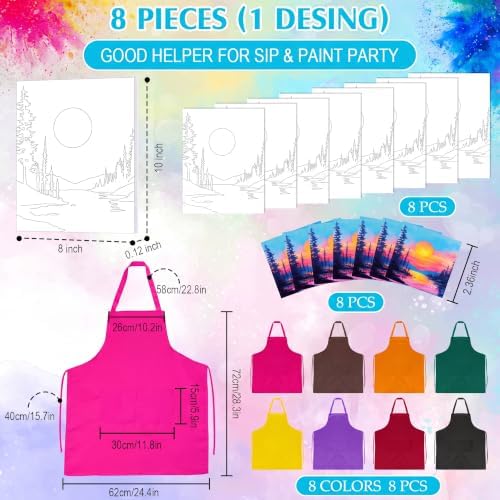 Cholemy 8 Set Paint and Sip Kit for Adults 8'' x 10'' Pre Drawn Canvas with Wooden Easels Acrylic Paint Brushes Wash Cup Palette Apron for Painting DIY Date Night Party Supplies (Sunset Lake) - Image 3