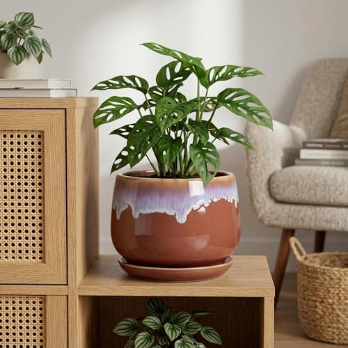 9 Inch Ceramic Planter, Indoor Planters with Drainage, Red-Purple - Image 4