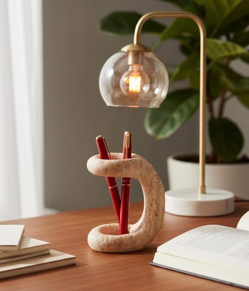 Marble Pen Holder for Desk, 4 Inch Travertine Pencil Holder - Image 2