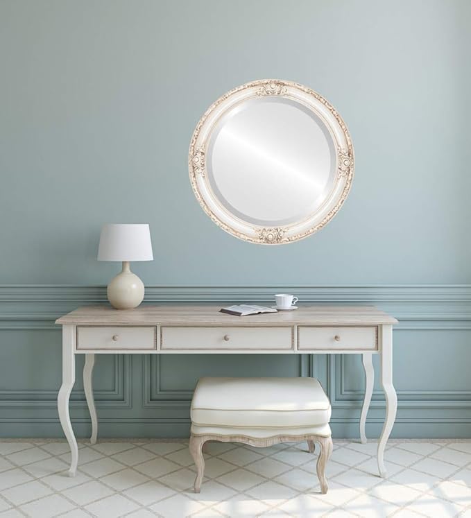 OVALCREST Round Beveled Wall Mirror for Home Decor - Jefferson Style - Antique White - 26x26 Outside Dimensions