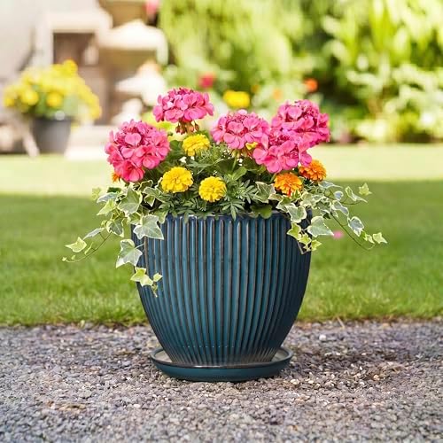 Ceramic Planter, 10 Inch Plant Pot with Drainage Hole and Saucer, Round Planters for Indoor Plants, Decorative Plant Pots, Modern Planter, Living Room Decor, Gifts for Plant Lovers, Retro Blue - Image 5