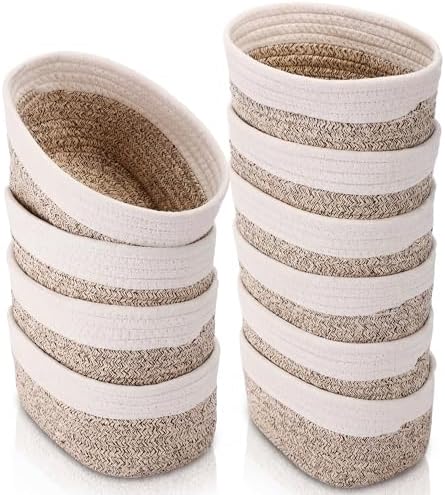 10 Pack Small Woven Baskets, Cotton Rope, White, Linen by LOYIM